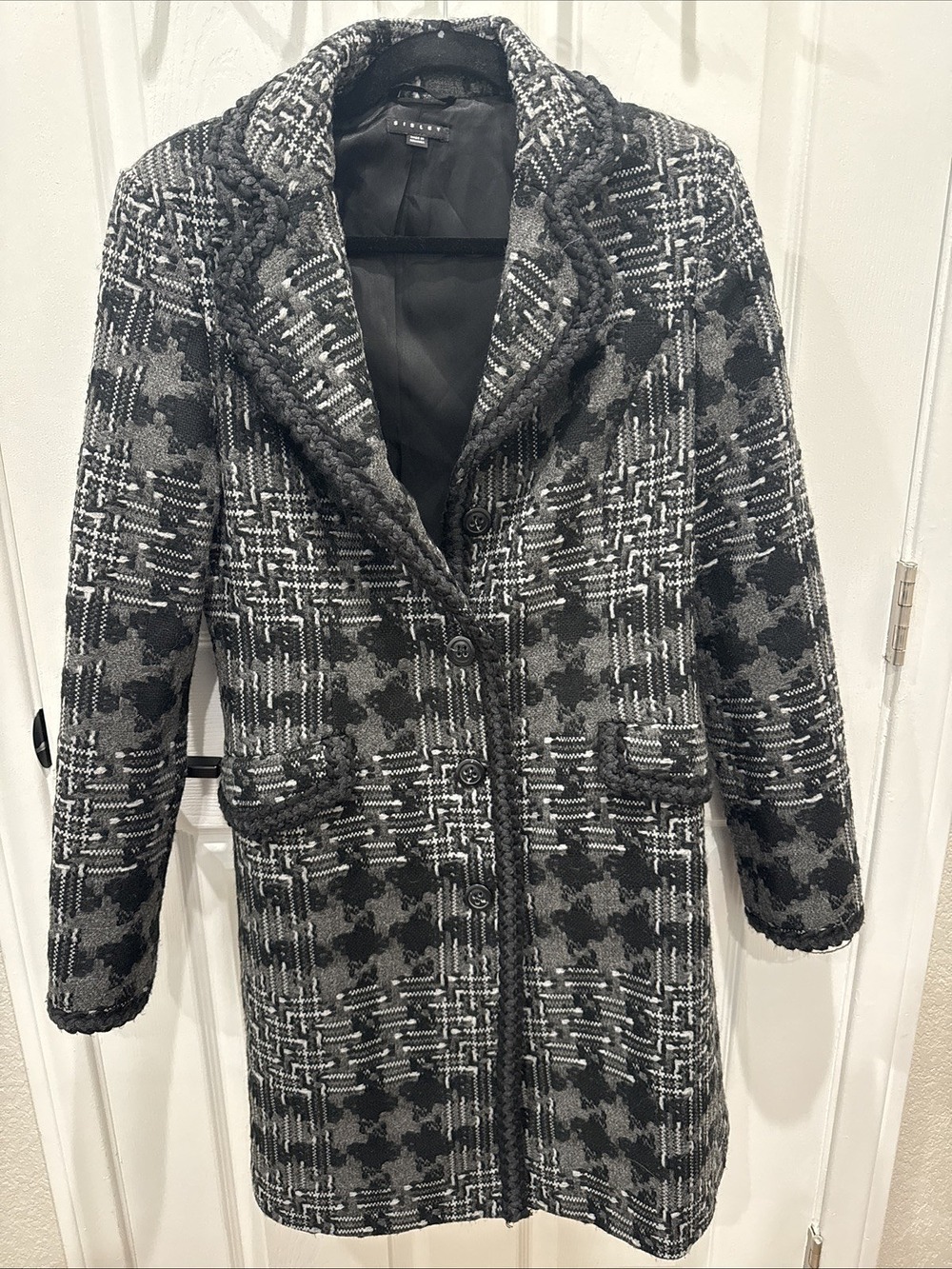 Sisley Plaid Long Coat Braided Tweed Wool Blend A-Line Grey Black Womens Size 46